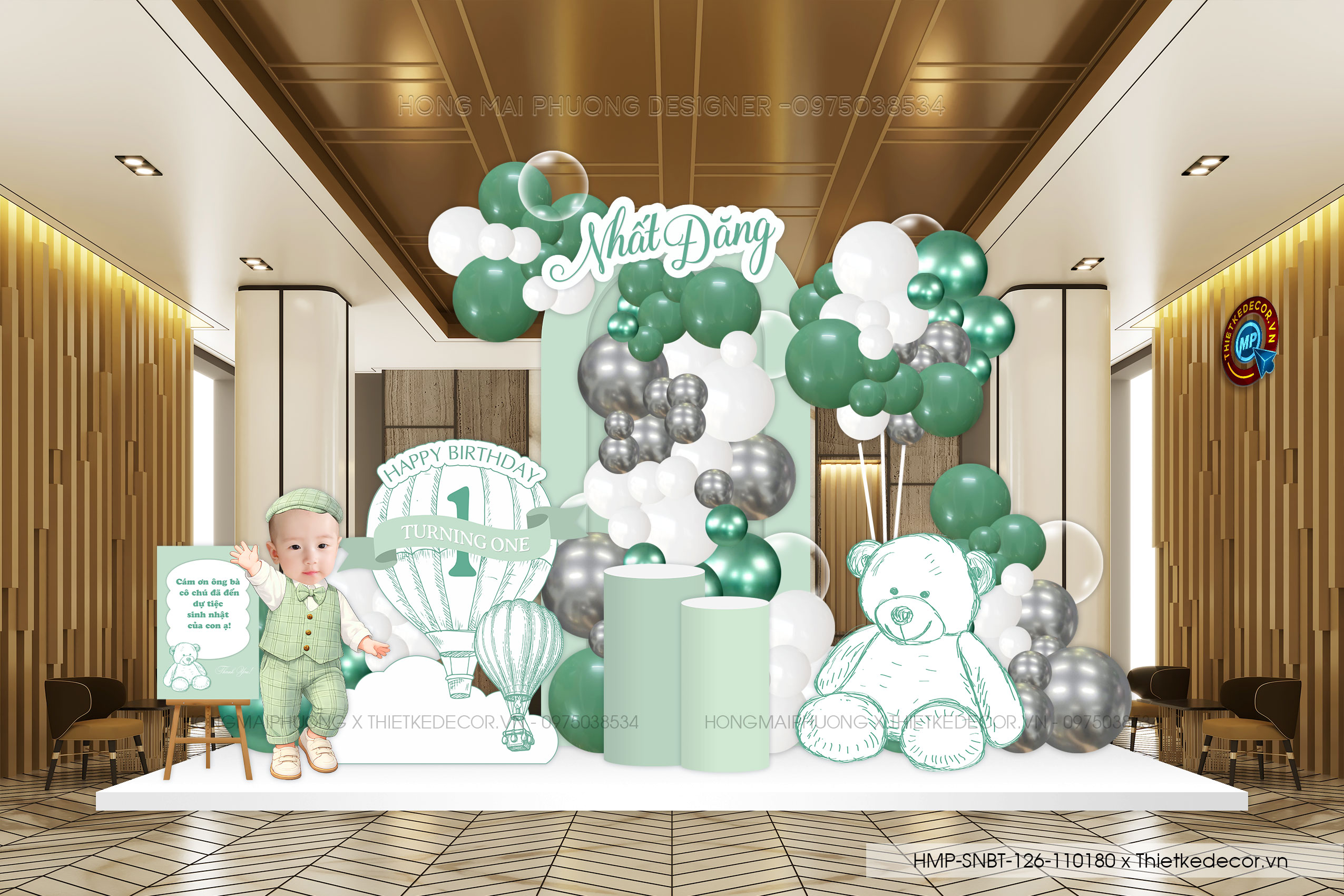 File thiết kế decor trang trí tiệc sinh nhật bé trai mix bong bóng cute dễ thương đáng yêu tone xanh lá
